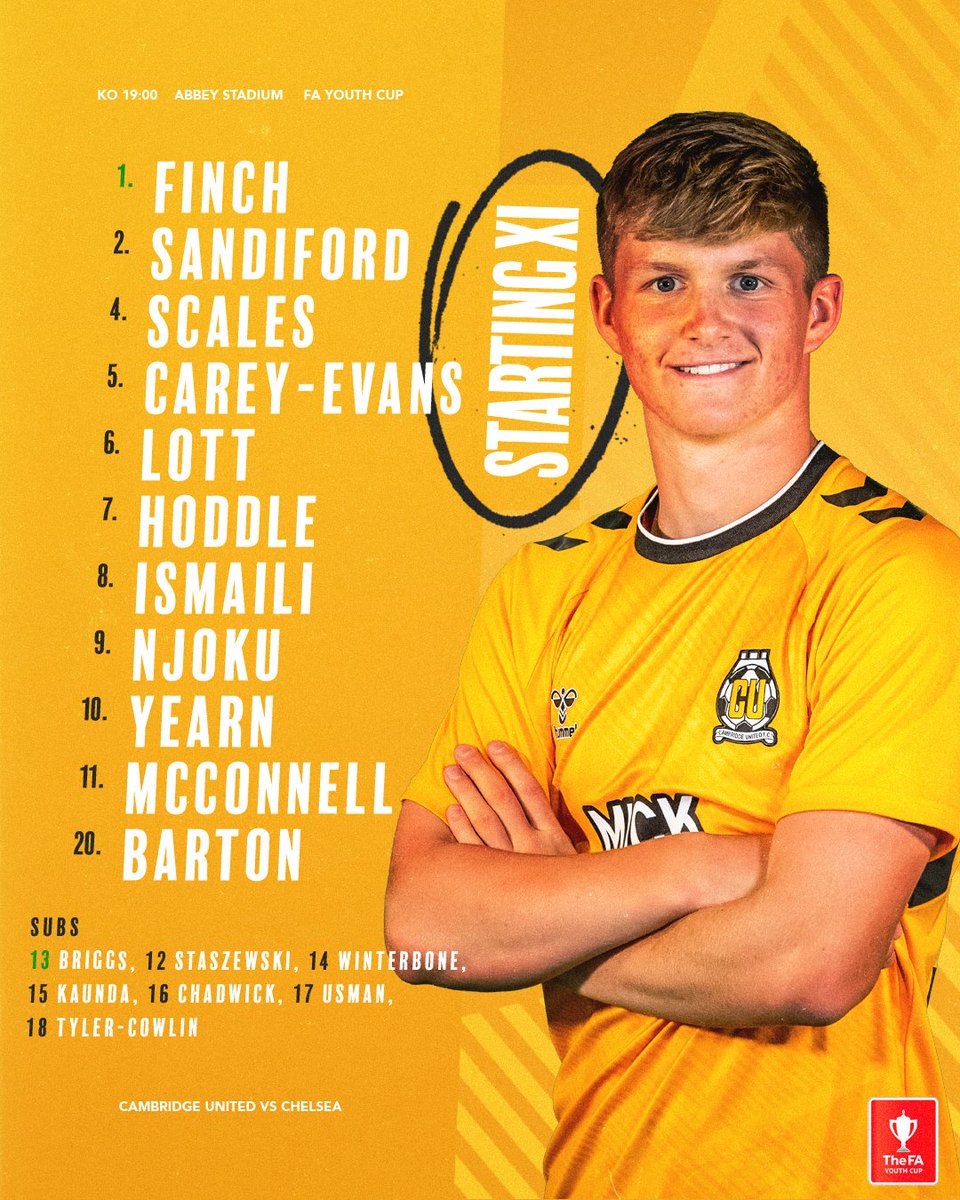How our young U's line-up to face <a href="/ChelseaFC/">Chelsea FC</a> in tonight's #FAYouthCup clash! 💪

#CamUTD | <a href="/cufcacademy1/">Cambridge United Academy</a>