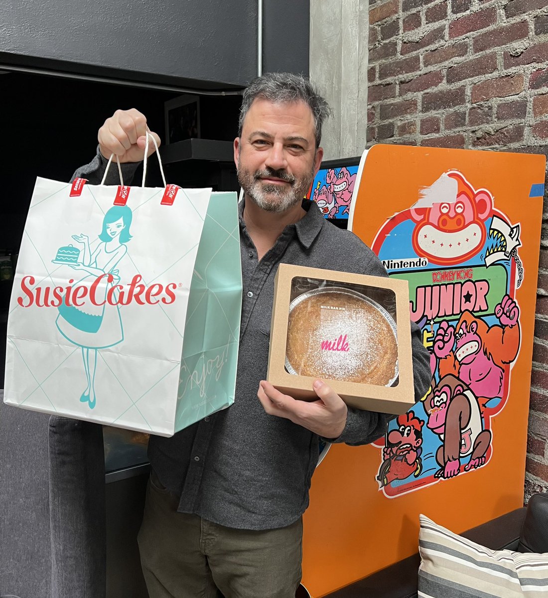 I am lucky and proud to call my great colleagues friends. Thx to <a href="/StephenAtHome/">Stephen Colbert</a>, <a href="/SethMeyers/">Seth Meyers</a> &amp; Mike Shoemaker for the 20th anniversary treats &amp; <a href="/Andy/">Andy Cohen</a> Cohen for the generous (and hilarious) charity donation. I’ll eat this while I play DKJ.