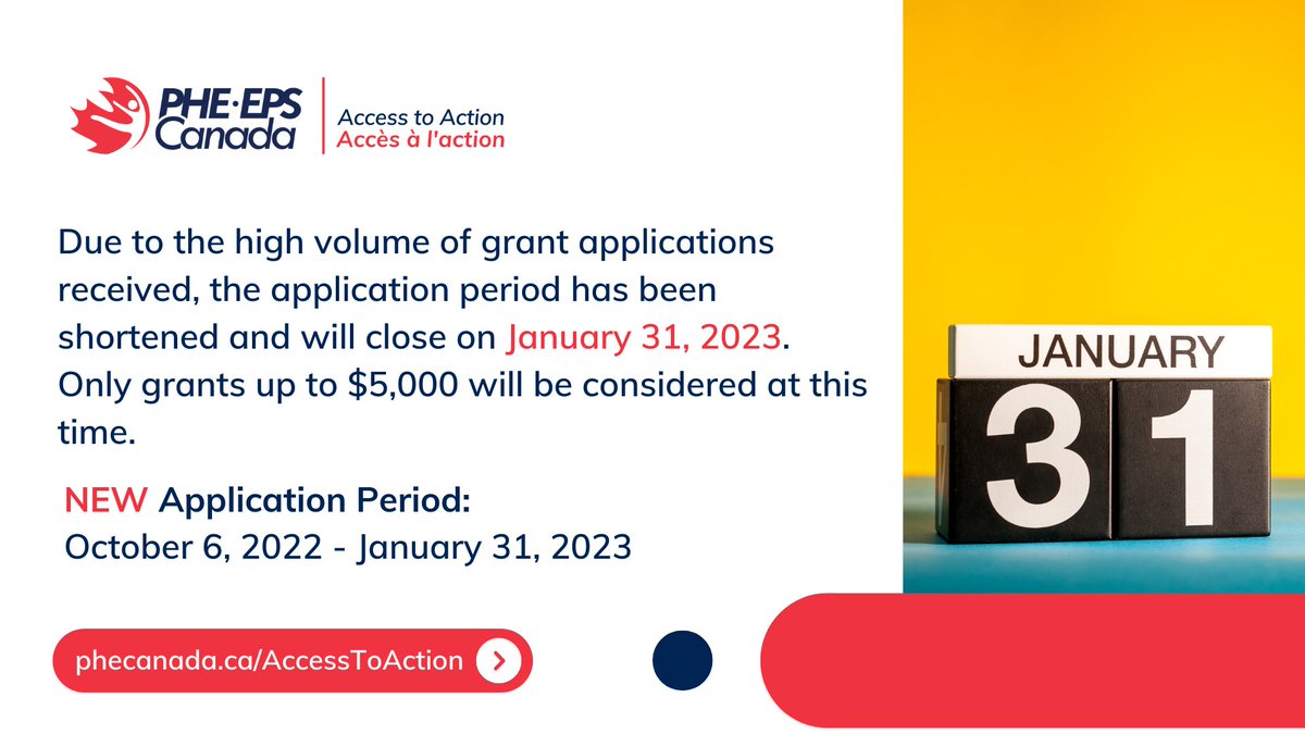 PHE Canada | EPS Canada (@phecanada) on Twitter photo 🔊🔊🔊 #AccessToAction Grant Update
Due to the high volume of grant applications received, the application period has been shortened and will close on January 31, 2023. Only grants up to $5,000 will be considered at this time.
Apply | phecanada.ca/accesstoaction 🔊🔊🔊 #AccessToAction Grant Update
Due to the high volume of grant applications received, the application period has been shortened and will close on January 31, 2023. Only grants up to $5,000 will be considered at this time.
Apply | phecanada.ca/accesstoaction
