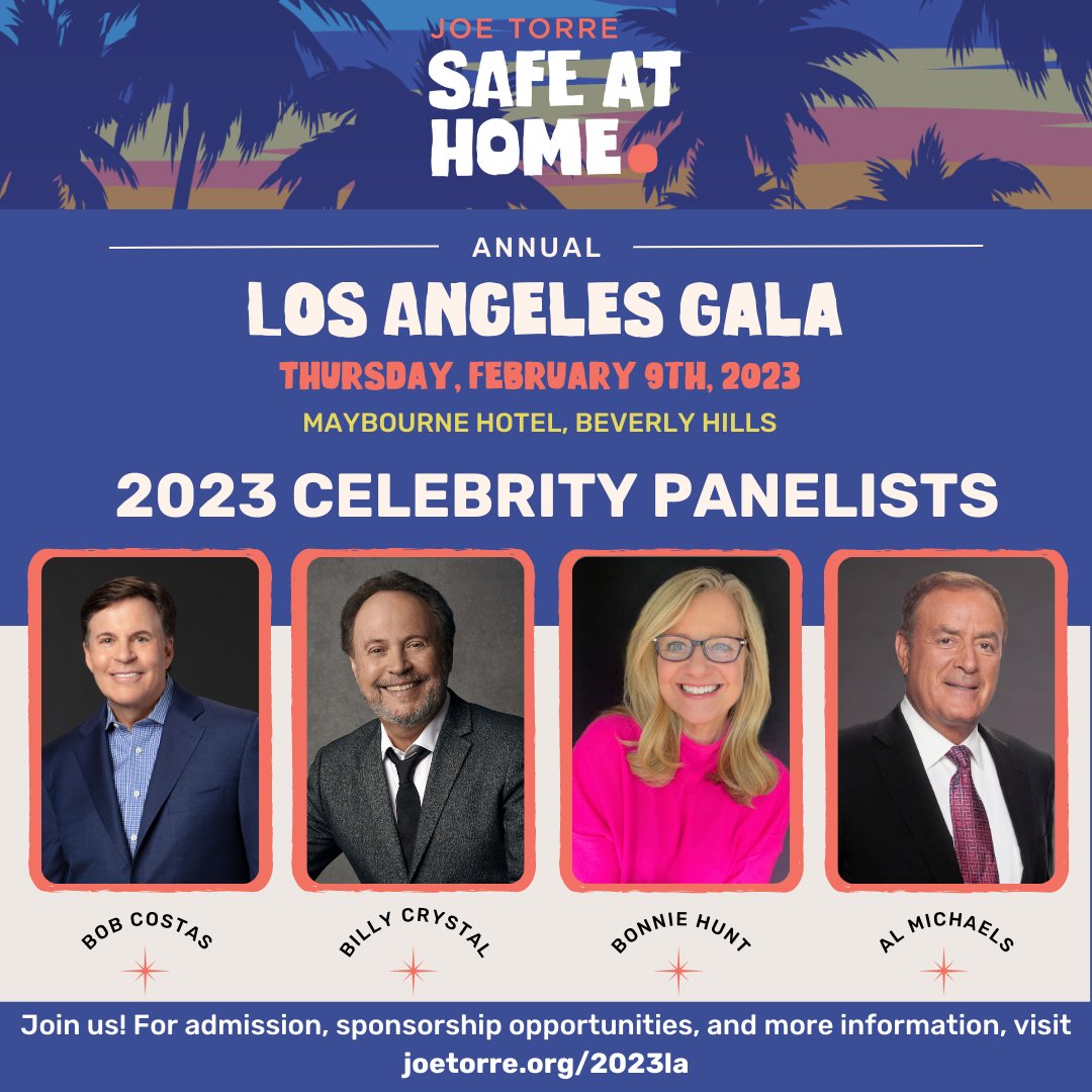 SafeAtHomeFound's tweet photo. Safe At Home welcomes Bob Costas, Billy Crystal,  Bonnie Hunt, &amp; Al Michaels to our LA Gala panel! We are proud to host these special guests for a once-in-a-lifetime panel discussion with SAH co-founder Joe Torre. 
Get your seat today by visiting https://t.co/gzL2BPZErW https://t.co/jgJEGih4L7