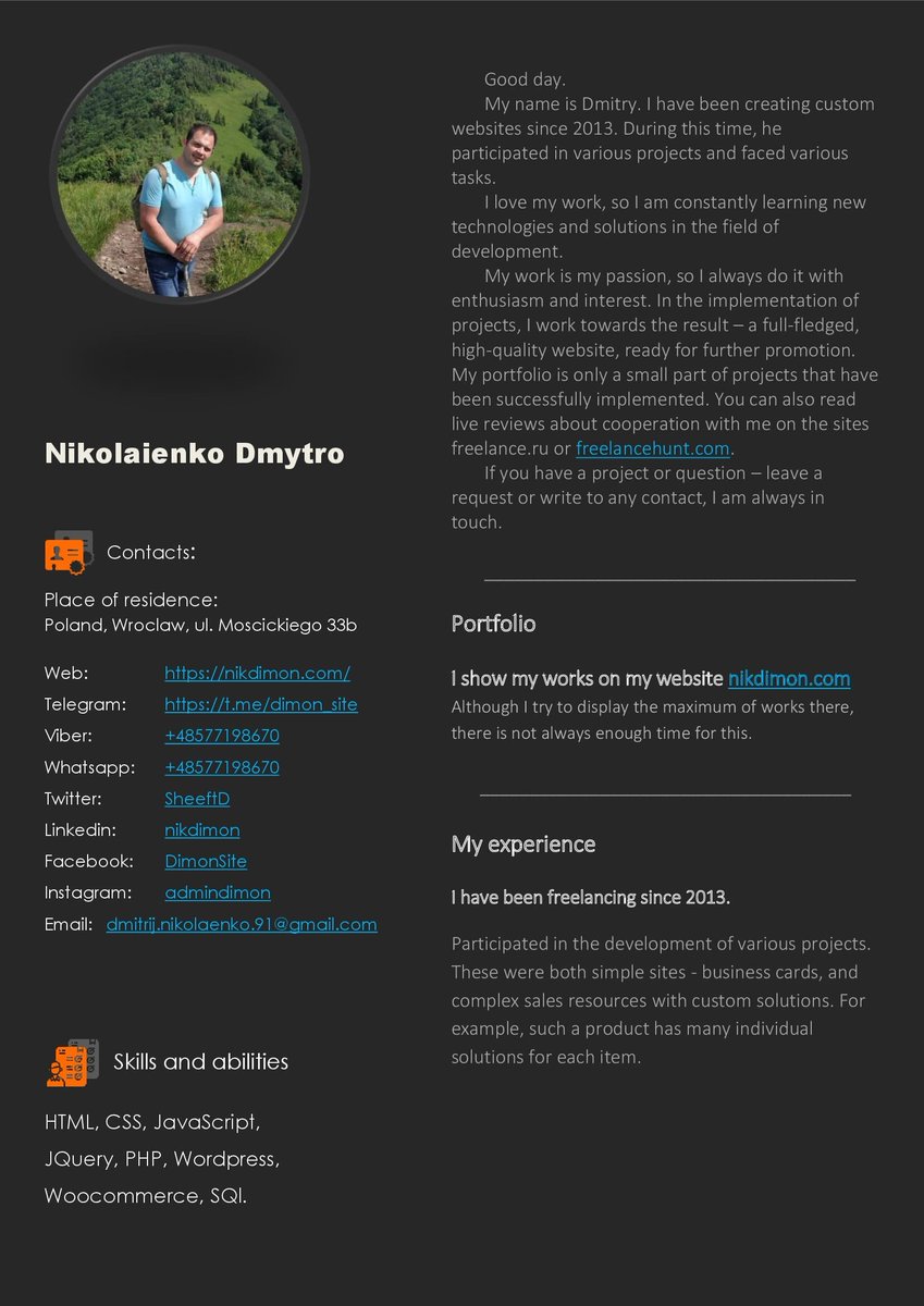 SheeftD's tweet image. My resume. So, if anyone needs help in this topic - write :)
And yes, portfolio and active contact buttons are here nikdimon.com/en/sozdayu-saj… 
#create_website #web_developer #website_builder