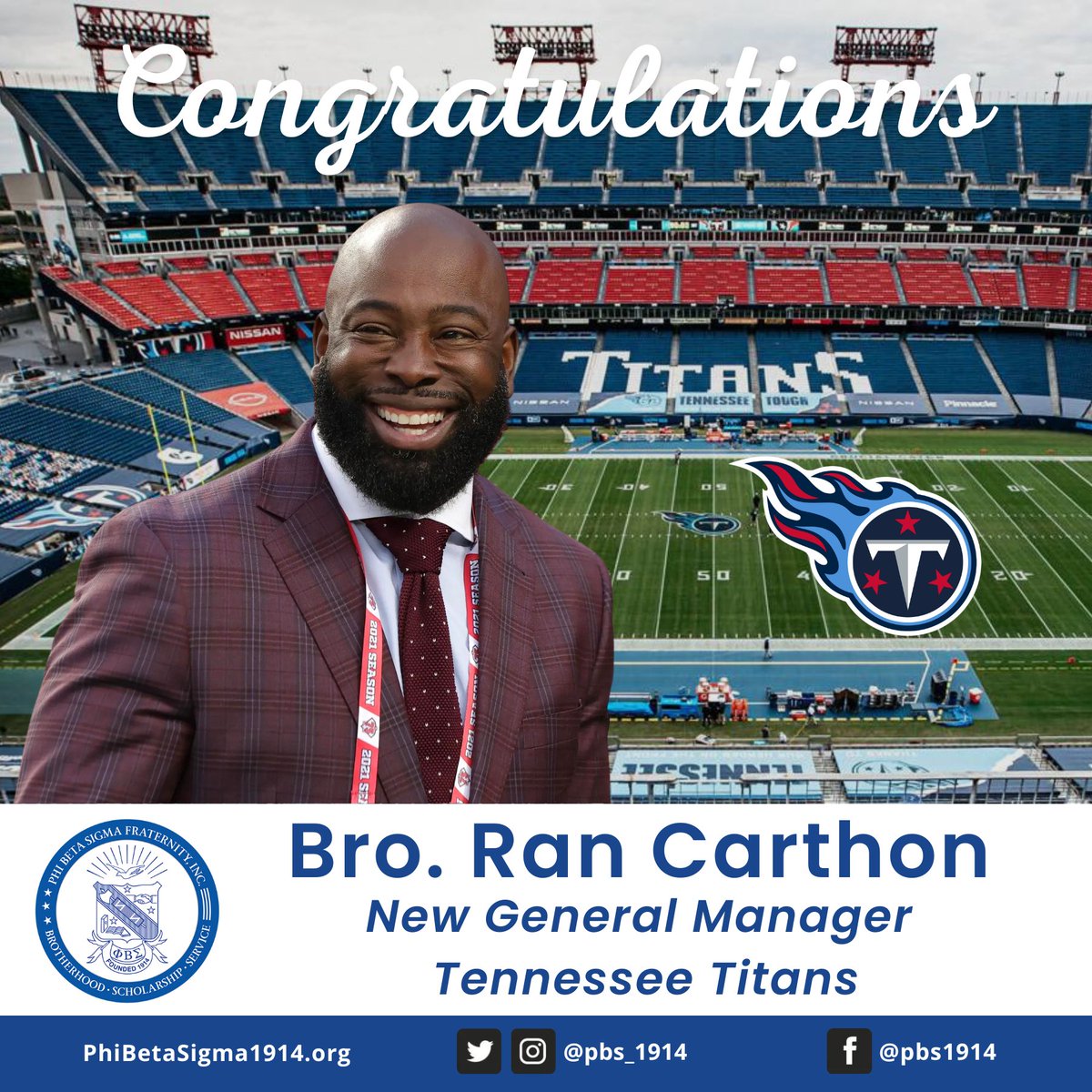 Congratulations to Bro. Ran Carthon on being hired as the New General Manager for the Tennessee Titans. 

#pbs1914 #Sigma109 #TheSigmaLife