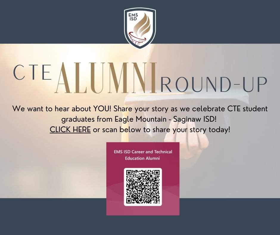 ATTN former <a href="/EMSISD_CTE/">EMSISD CTE</a> students...
In celebrating CTE month this February, we would like to provide EMS ISD grads with an opportunity to share their story about their experiences in CTE and where they are now! Use the link to share your story. @emsisd <a href="/EMSISD/">EMS ISD</a>_CTE <a href="/KimTraylor01/">Kimberly Traylor</a>