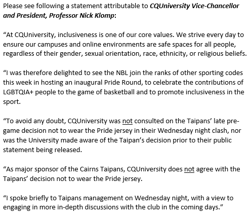 Major @CairnsTaipans sponsor @CQU:

“To avoid any doubt, CQUniversity was not consulted ... as major sponsor of the Cairns Taipans, CQUniversity does not agree with the Taipans’ decision not to wear the Pride jersey. '  

@FOXSportsNews