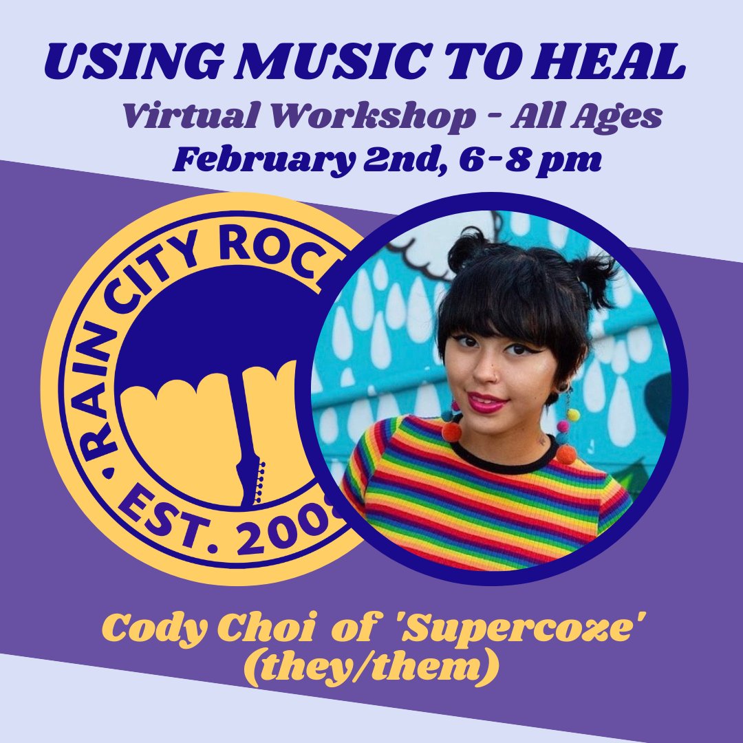raincityrock's tweet photo. Kick off February with an All-AGES VIRTUAL WORKSHOP about MUSICAL HEALING taught by the *so dreamy* @supercoze. ☁️🧸 Registration link is in our bio, and we offer a sliding scale price range to join. 🎶 Plus it’s virtual, so you can join from anywhere! 🥹💕 https://t.co/qJDd3dxpj7