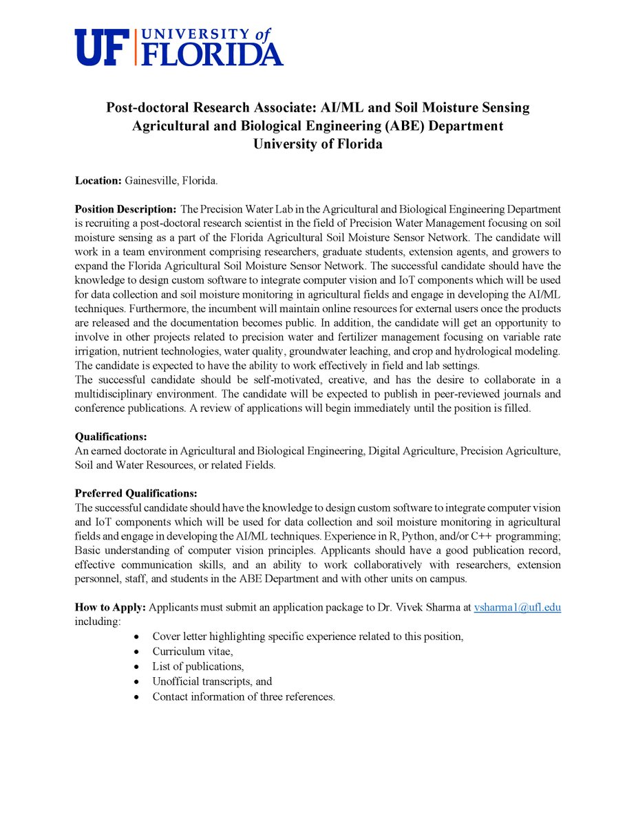 My lab is looking for a Post-doctoral Research Associate to work on AI/ML and soil moisture sensing. Please see the job posting.