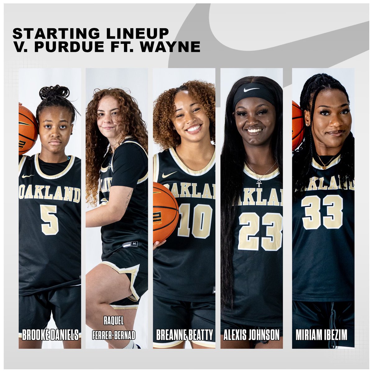 OaklandWBBall's tweet photo. Tonight's starting 5️⃣ against the Purdue Fort Wayne Mastodons 🏀 https://t.co/NbZfUXXSXf