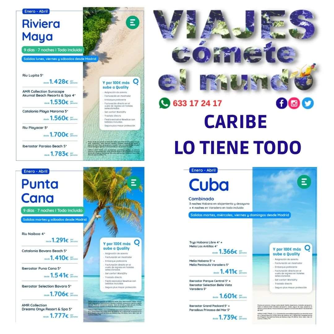 VIAJEScomemundo's tweet photo. ¡¡¡ LAS MEJORES OFERTAS PARA  DESCUBRIR EL CARIBE !!!

- Vuelos: Salidas de Enero a Abril'23 desde Madrid.
- Desde 1291€ / persona en Habitación doble.
- 9 días / 7 noches
- Hoteles 4*  en todo los regímenes
- Traslados incluidos.
- Seguros. https://t.co/GW6vyAHMES