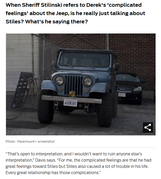 Colethewolf's tweet photo. Derek Hale canonically had feelings for Stiles Stilinski that exceeded that of a regular platonic relationship and may/may not have ever admitted it. But fifteen years later, he keeps Stiles' jeep as a memory of their relationship together. Guys, #Sterek JUST WENT CANON. 😭😭😭 https://t.co/3KNXHUBVL9