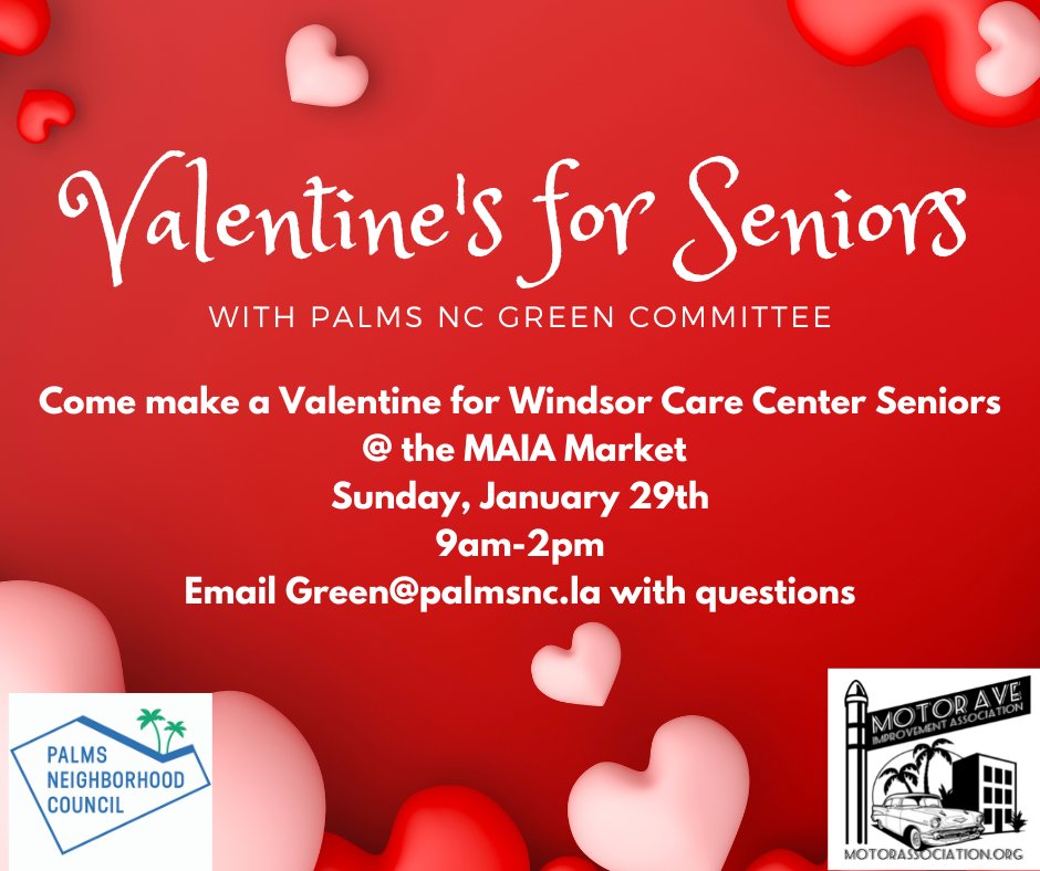 PalmsNC's tweet photo. Join the PalmsNC Green Committee this Sunday at the Motor Ave Farmer's Market to make Valentines for the Windsor Care Center Seniors!!! The fun is Sunday, January 29th, from 9am-2pm. Email Green@PalmsNC.LA with any questions. #PalmsNC #Valentines #MAIA #FarmersMarket https://t.co/1mRymehpnA