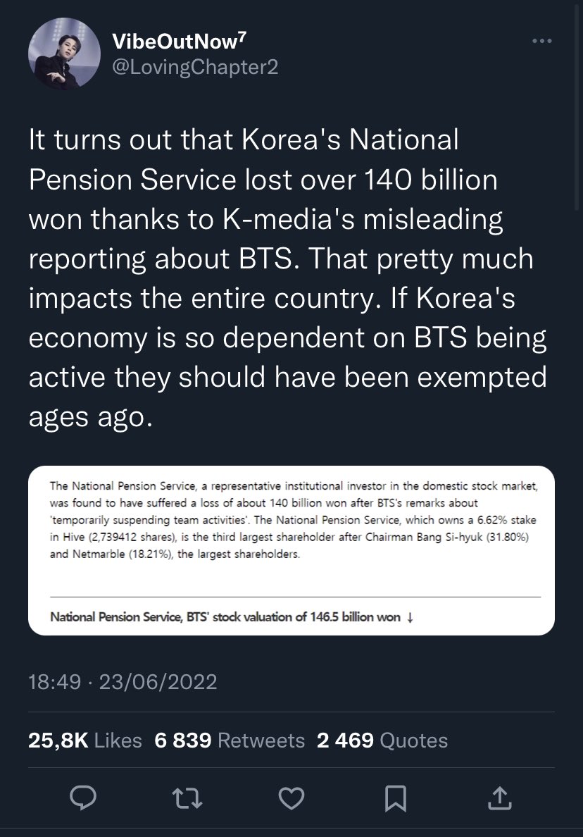 taesoothe's tweet photo. BTS only announcing chapter 2 made HYBE stocks fall by a spectacular -31%, wiped out $1.7 BILLION of hybe’s market value in just few hours, caused a crash on whole k-pop market stocks, got a 7% HYBE investor loose $107M, and made KSA president publicly urge BTS to come back now. https://t.co/IMkUgePxE4