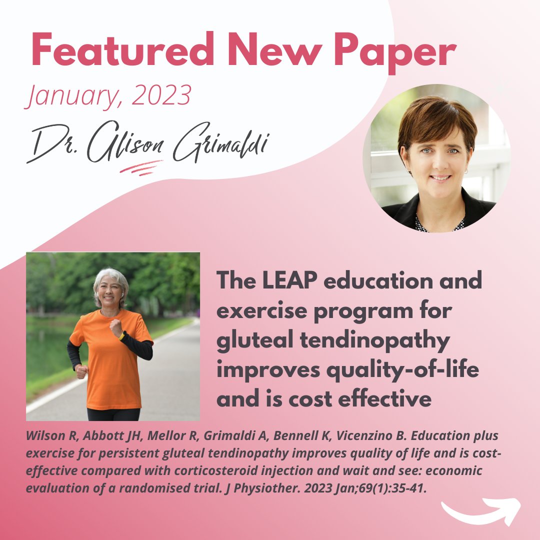alisongrimaldi's tweet photo. Featured New Paper for Jan 23. Another new one from the LEAP #GlutealTendinopathy RCT team. This time evaluating cost effectiveness of the education & exercise (EDX) intervention against CSI & a wait-and-see approach. @Bill_Vicenzino @Haxby_Abbott @JPhysiother #GTPS #LEAPTrial https://t.co/LeF6W022FY