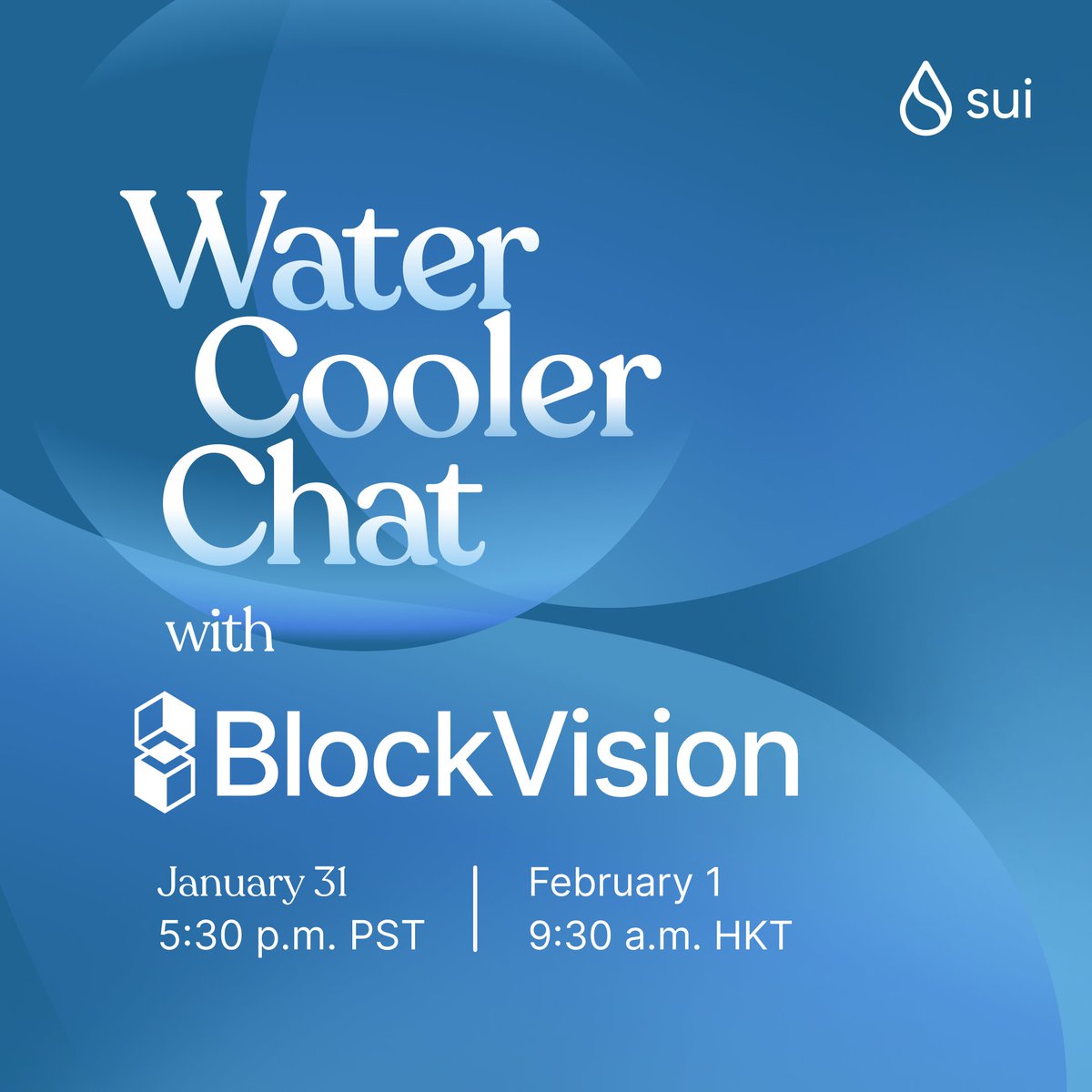 Sui (@suinetwork) on Twitter photo 🎙️Join us for our next Water Cooler Chat with host <a href="/AkashaCoin/">AkashaCoin</a> and guest <a href="/blockvisionhq/">BlockVision</a>, a web3 indexing API provider, on Tuesday, January 31 at 5:30 p.m. PST!
⏰Set your reminder now!
x.com/i/spaces/1jMJg… 🎙️Join us for our next Water Cooler Chat with host <a href="/AkashaCoin/">AkashaCoin</a> and guest <a href="/blockvisionhq/">BlockVision</a>, a web3 indexing API provider, on Tuesday, January 31 at 5:30 p.m. PST!
⏰Set your reminder now!
x.com/i/spaces/1jMJg…