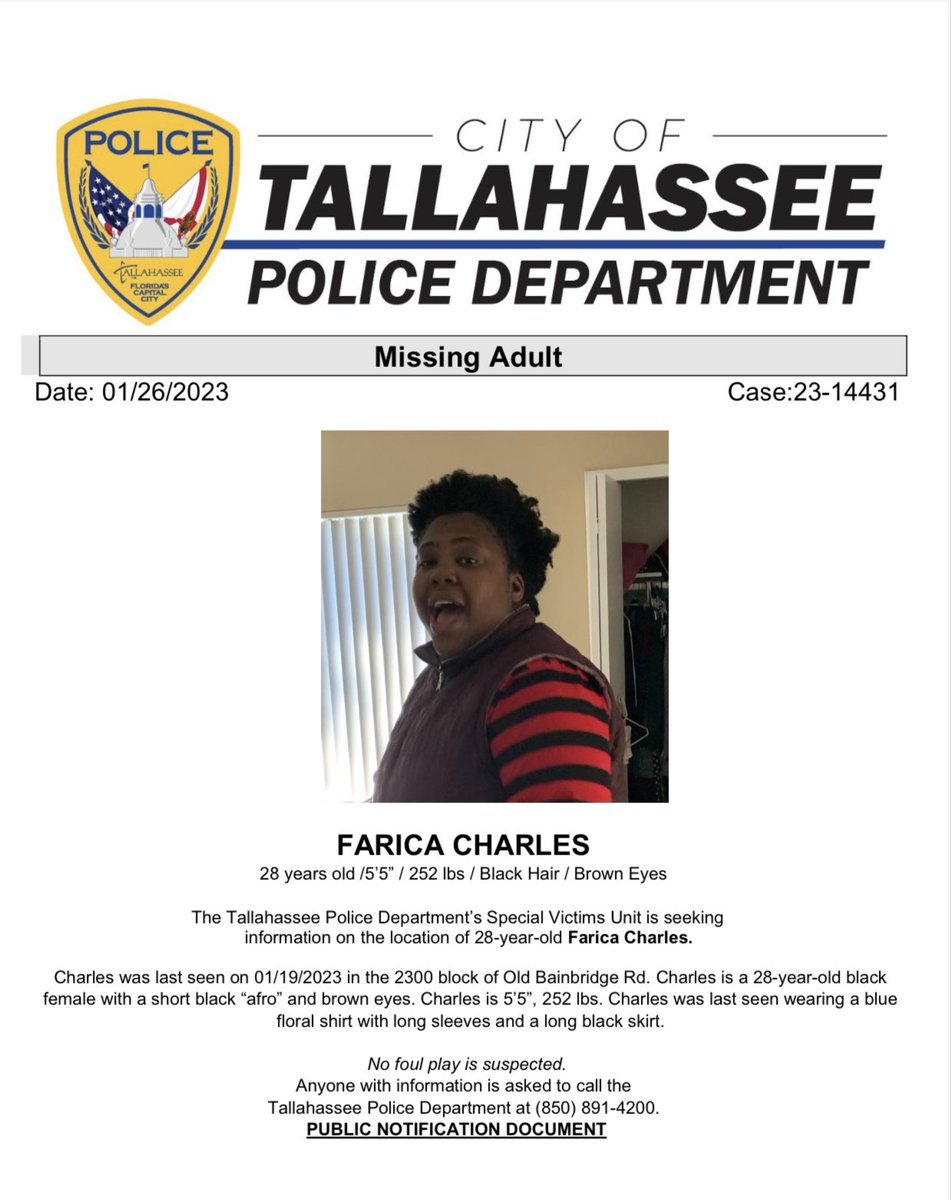 TallyPD's tweet photo. Please share to help locate this missing person. If you have information regarding Farica’s whereabouts, please call TPD at 850-891-4200. https://t.co/l80bVI1aGT