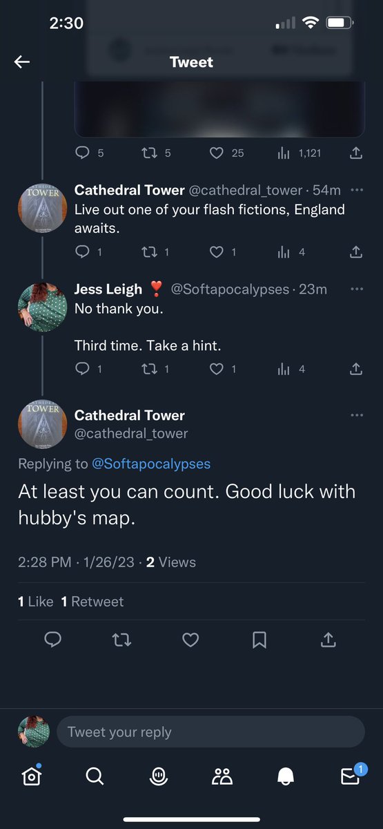 itsjessandart's tweet photo. Time to name and shame @cathedral_tower 

Hey guess what? Don’t do this. No means no. 

I write stories. I’m not interested in sexting you. https://t.co/9MQgS8mc3c