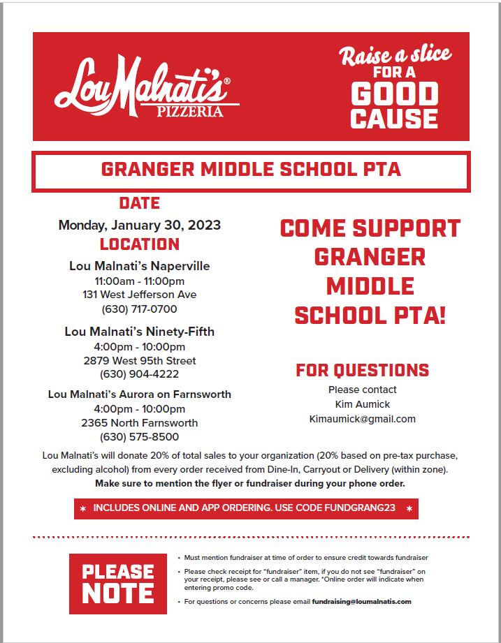 Take a night off from cooking and support Granger by eating at Lou Malnati's!  Such an easy way to give back to our school!  Date: 1/30/2023 #SupportGranger
<a href="/GrangerSign/">The Granger Sign</a> <a href="/GrangerIPSD204/">GrangerMiddleSchool</a> <a href="/allandavenport/">Allan Davenport</a>