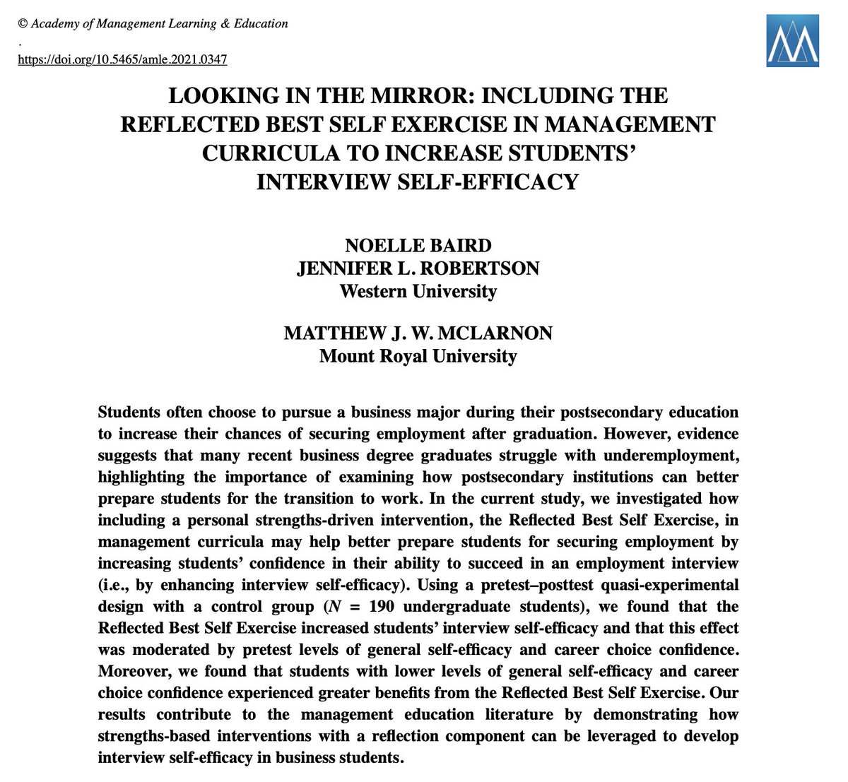 WesternUDANMOS's tweet photo. New research from @noelle_baird @jenrob84 and Matthew McLarnon investigates how to increase #management students' interview self-efficacy by using the Reflected Best Self Exercise:
Find it here: https://t.co/tgkKt0ANoX
#DANMOS #WesternU #StudentSuccess https://t.co/6tFZMID2zp