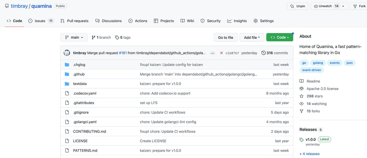 1/2 Since 2022/01, I’ve been building (&amp; blogging) Quamina, a Go library that implements efficient event-filtering like AWS EventBridge’s.

Yesterday: v1.0.0, see tbray.org/ongoing/When/2…

Maybe for you if you’re into Go or event-driven SW or optimization.