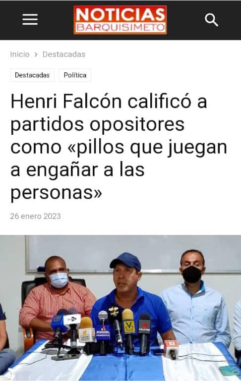 HenriFalconLara's tweet photo. ESTO ES FALSO!!! Me referí, concretamente, al partido AVANZADA PROGRESISTA, CONFISCADO POR EL GOBIERNO, y a sus aliados en Lara que son unos PILLOS. https://t.co/6NKnyweNsJ