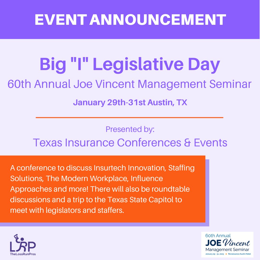 lossrunpros's tweet photo. Looking forward to attending the 60th Joe Vincent Management Seminar next week w/ @iiatexas. LRP Business Development Director, Brenden Corr, will be around all week for roundtable discussions about Insurtech Innovation.
#LossRunPro #LRP #LossRuns #BigIDay #JoeVincent #iiat https://t.co/nRgjETsim2