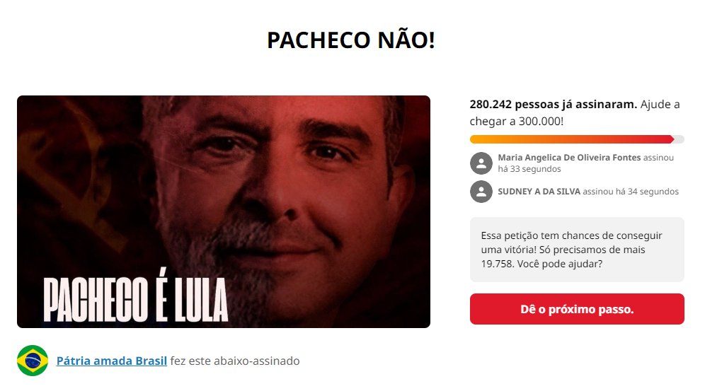Falta pouco para batermos 300 mil assinaturas!
Assine e compartilhe ao máximo
chng.it/GDjMGrPg
chng.it/GDjMGrPg
#PachecoNAO