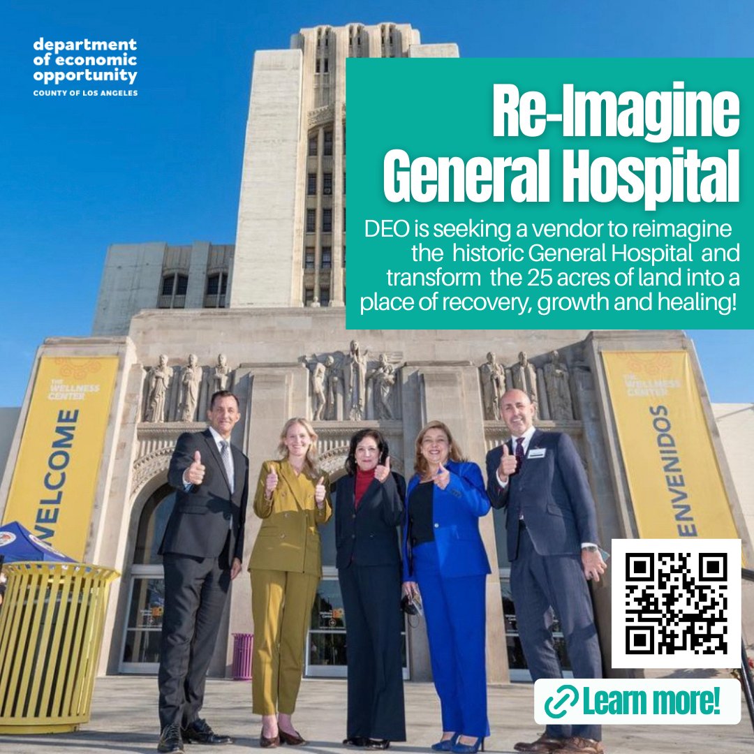 EconOppLA's tweet photo. DEO is seeking a vendor to reimagine the historic L.A. County General Hospital and transform the 25 acres of land into a place of recovery, growth, and healing! 🌱

Learn more about the RFP, critical upcoming deadlines, &amp; more. Scan the QR code or visit https://t.co/06U8SQBaeD. https://t.co/oTX7RrLMiZ