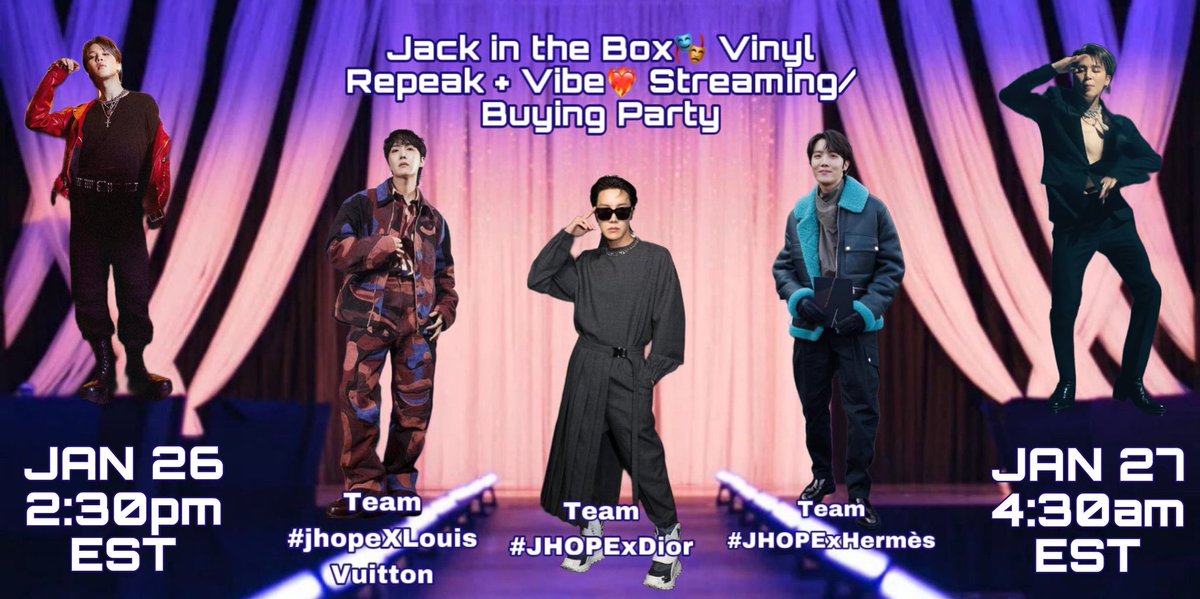 ARMYS! 💜 Today's the last day of tracking week. Please join our JITB Vinyl Repeak and Vibe Streaming and Buying Party starting soon 🙌🏾 What team are you you?

Team #JHOPExHermès 
Team #JHOPExDior
Team #JHOPExLouisVuitton

Check the next post for PL links👇🏾