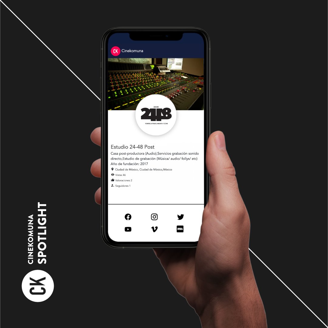 SPOTLIGHTS - ORGANIZACIONES
Es para nosotros un placer darle la bienvenida a Cinekomuna a  24-48 post.

Para conocer más de su importante trabajo como post - productora de audio, te invitamos a visitar su perfil en la plataforma.

cinekomuna.com
CREA TU PERFIL