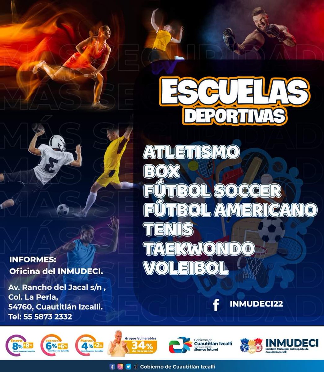 INMUDECI_22's tweet photo. Nuestra Instituto está listo para recibir a todos nuestros Atletas, es por ello que contamos con escuelas deportivas para ofrecer las siguientes actividades: 

🏃 Atletismo
🥊 Box
⚽ Fútbol Soccer
🏈 Fútbol Americano
🎾 Tenis
🥋 Taekwondo
🏐 Voleibol

Te esperamos!

#SomosFuturo https://t.co/9ECfOQqKSh