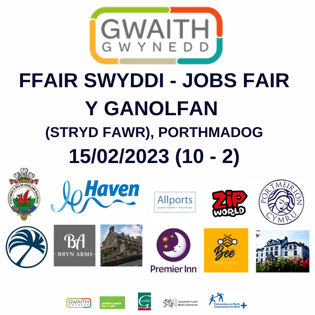 GwaithGwynedd's tweet image. Chwilio am waith neu newid mewn gyrfa?
Ffair Swyddi Lletygarwch yn Y Ganolfan, Stryd Fawr, Porthmadog Dydd Mercher 15 Chwefror 10yb - 2yh.
Croeso cynnes i bawb ddod i weld pa swyddi sydd ar gael yn yr ardaloedd lleol.
#swyddi #porthmadog #gyrfa