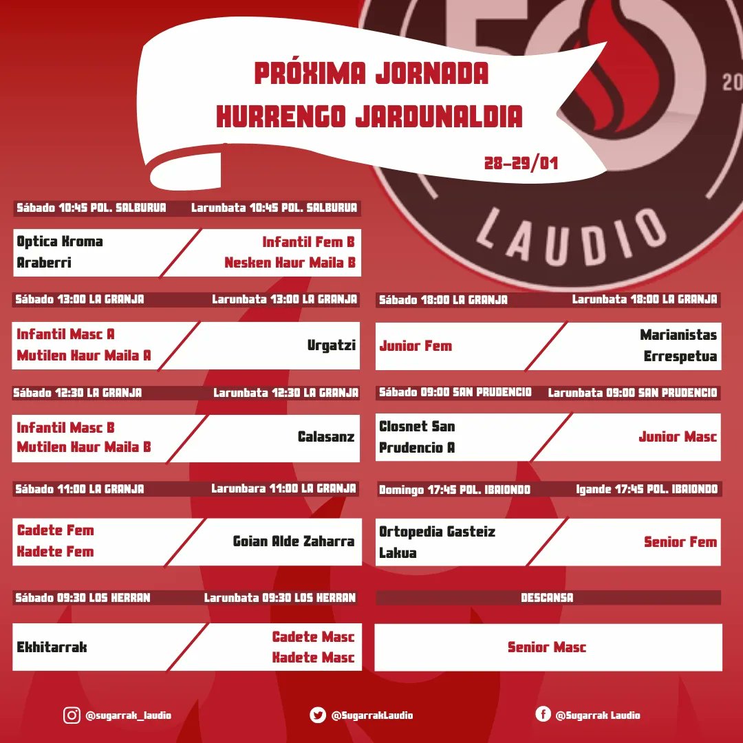 Partidos de este fin de semana!! (Jornada 28 y 29 de enero) 💪🏿⛹️‍♀️

Asteburu honetako partiduak!! (Urtarrilaren 28 eta 29ko jardunaldia)💪🏿⛹️‍♀️