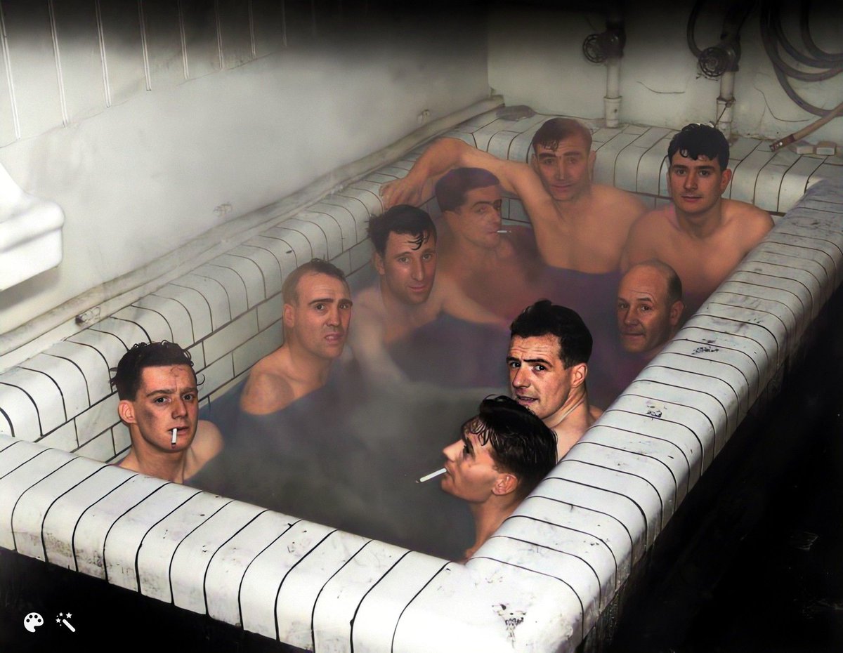 Football History in colour🎨

Football of years gone by... After being beaten 2-1 in an FA Cup replay with Aston Villa, the Ipswich Town players share a bath! (1939)