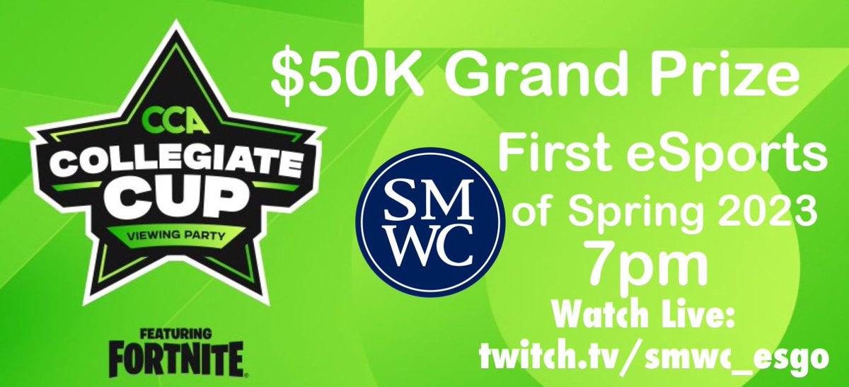 SMWC_eSports's tweet photo. First event of the Spring 2023 Season!!
The Collegiate Cup!

Watch live on our twitch at 7! https://t.co/mGXOozDSqB