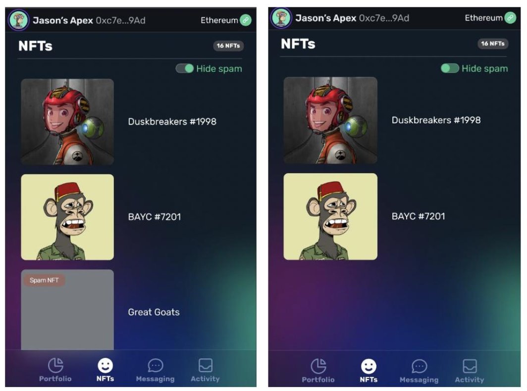 walletintern's tweet photo. Our spam filtering feature. It allows you to hide all spam NFTs/tokens and report any spam you don't want to see in your wallet. This makes it less likely for you to inadvertently interact with malicious assets. https://t.co/IeLLqQTNSH