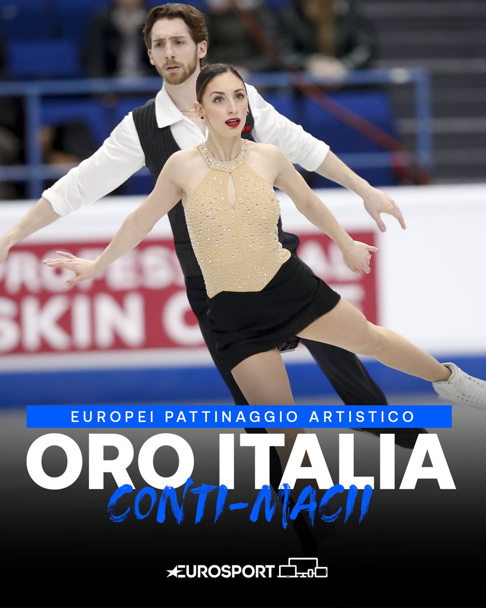 Eurosport_IT's tweet photo. STORIA! 🥇🇮🇹

L'Italia conquista per la volta nella storia l'oro europeo nella pattinaggio artistico di coppie: a trionfare è la coppia Conti-Macii con il punteggio di 195.13 ⛸️💙

#EuroFigure | #FigureSkating | #Pattinaggio | #Conti | #Macii https://t.co/loEkRv3xHr