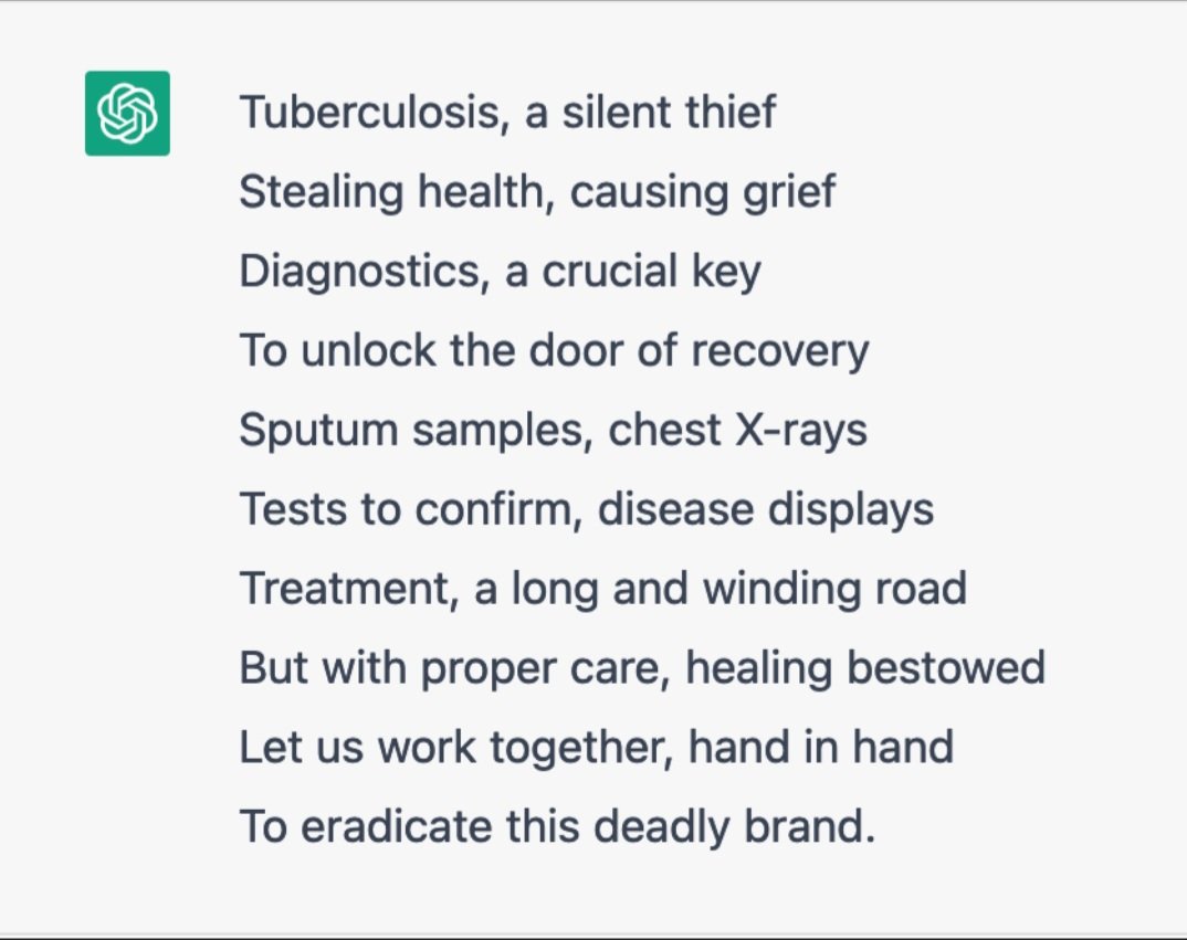 Manuela_p24's tweet photo. Write a poem about #tuberculosis diagnostics. 

#ChatGPT: https://t.co/lsK0h7epLs