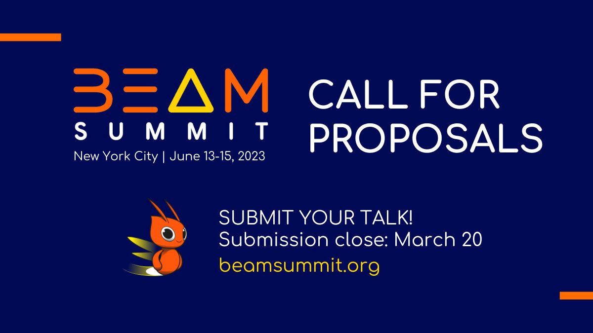 📣 Calling all speakers! 📣 The Beam Summit CFP is open! We're looking for data storytellers to share their cutting-edge findings and unique case studies. Whether you're new to speaking or experienced in the Beam community, we'd love for you to apply! sessionize.com/beam-summit