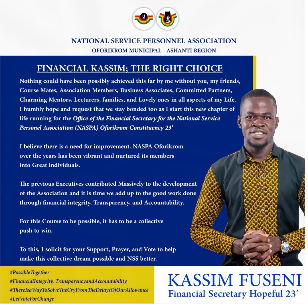 FuseniKassim's tweet photo. FINANCIAL KASSIM✊🏽 4 NASPA, OFORIKROM CONSTITUENCY 📍

#WeVoteTomorrow,Friday27thJan.2023
#LetComeInOurNunbersToWinThisTogether
#ThereIsaWayToSolveOurCryFromOurDelayedAllowance
#LetVoteKassim🙏
#PossibleTogether✊🏽 https://t.co/PdBY5v9fZN