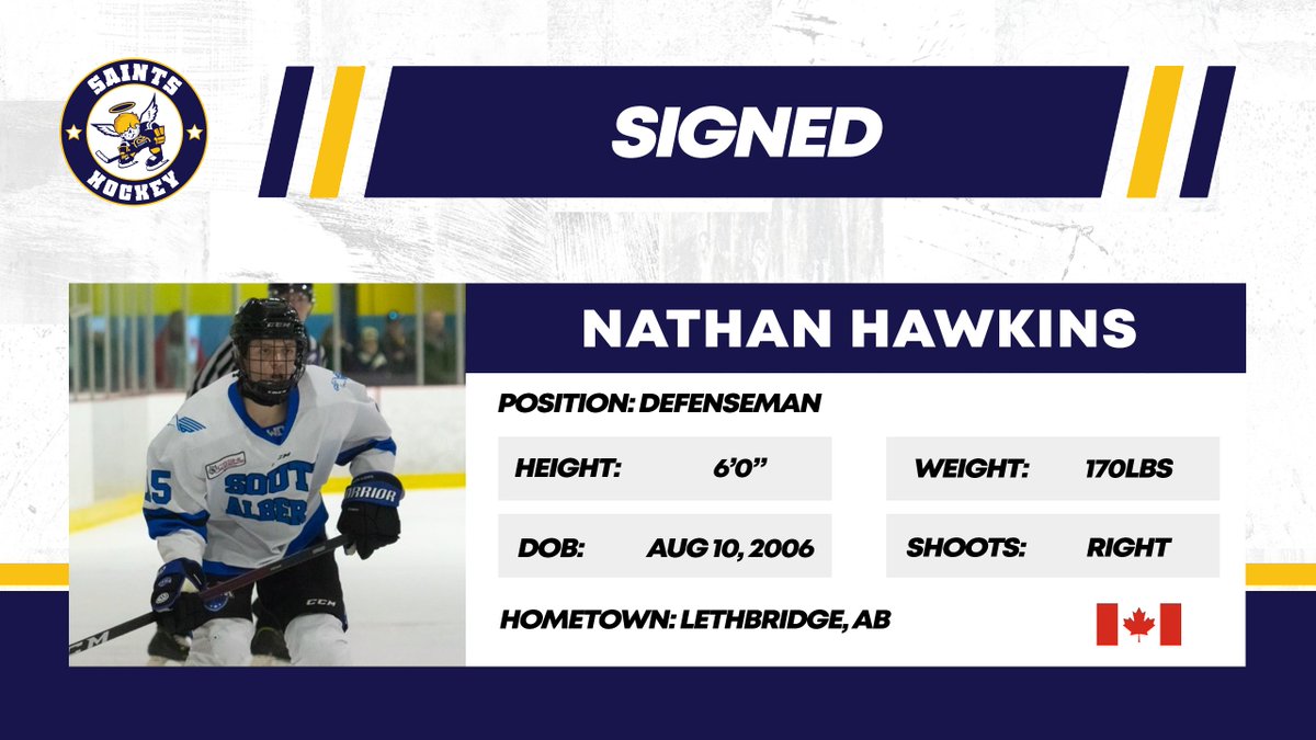 sgsaints's tweet photo. The Saints would like to welcome Nathan Hawkins to the organization!

Hawkins has signed a Letter of Intent for the upcoming 2023-24 season!

Read more here --> https://t.co/jTtP937Hnr

#AJHL | #SaintsNation https://t.co/KmkAQ5jR4M