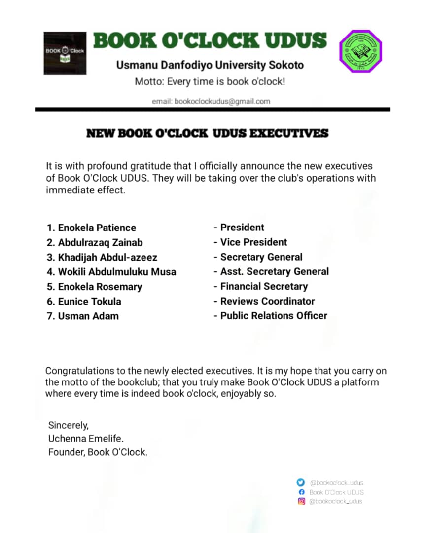 <a href="/bookoclock_udus/">Book O'clock UDUS</a>: My Time is Up!

Excited to official unveil the new list of officials that would be in charge of our book club with UDUS, <a href="/bookoclock_udus/">Book O'clock UDUS</a> for the next academic session.

#Thread