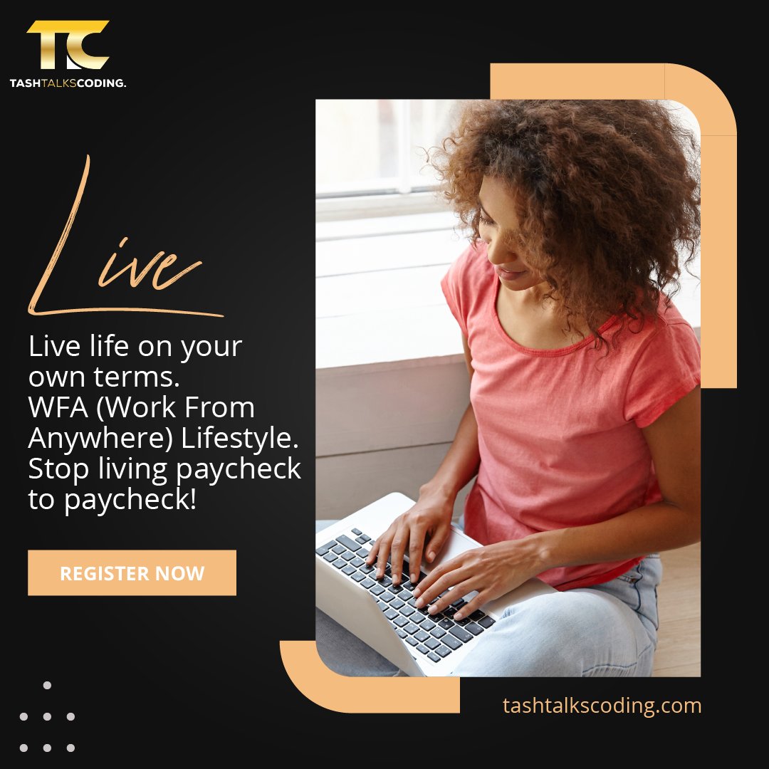 tashtalkscoding's tweet image. Live life on your own terms. WFA (Work from Anywhere) Lifestyle. Stop living paycheck to paycheck! 
Click the link to find out more: tashtalkscoding.com 🎉
#tashtalkscoding #careeradvancement #6figureincome #careerguide #flexibleschedule #worklifebalanced