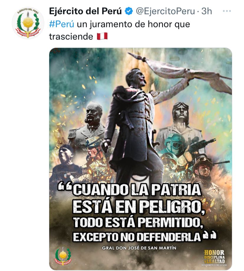 IndiraHuilca's tweet photo. Irresponsable mensaje que se emite desde la cuenta oficial del Ejercito Peruano. Esta no es un guerra. La ciudadanía movilizada no es el enemigo y el gobierno de Dina Boluarte no es la patria. https://t.co/YFrn7pzhNG