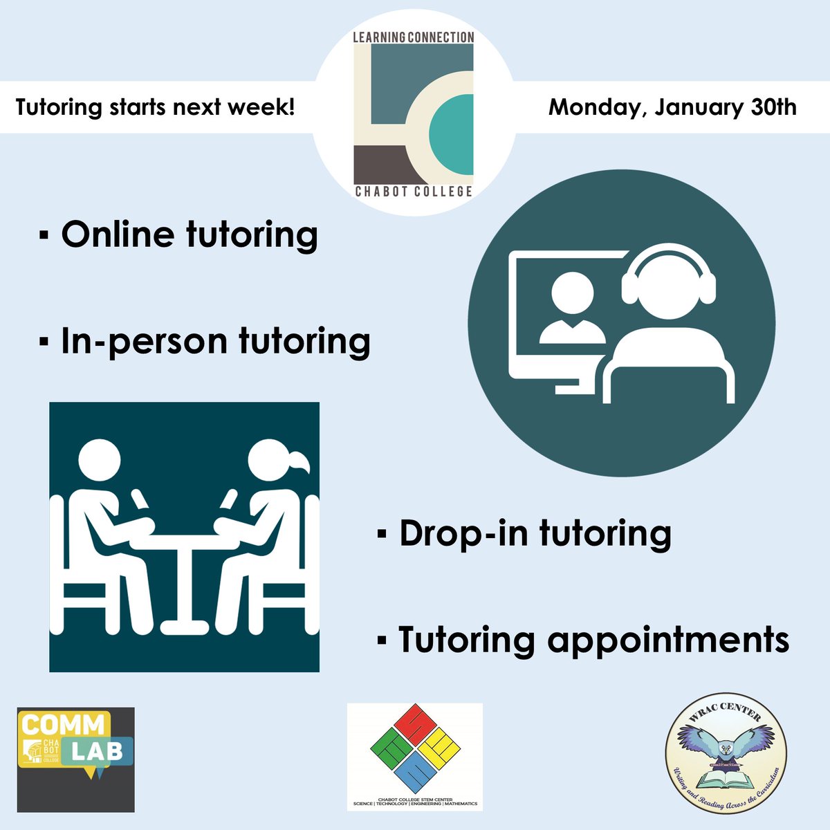 Chabot_LC's tweet image. Tutoring starts next week!  Links in bio for details.
#chabotcollegelearningconnection #chabotlearningconnection #learningconnection #chabotcommlab #commlab #chabotstemcenter #stemcenter #chabotwraccenter #wraccenter #chabotcollegetutoring #chabottutoring #chabotcollege #chabot