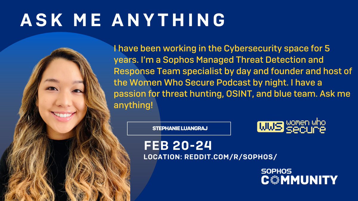 As part of our #WomenInTech Series, we are so excited to host our very first #AMA this year. Stephanie is part of our #SophosMDR team as a Sales Engineer. She is also the founder of the @womenwhosecure Podcast.

Learn more about Stephanie: soph.so/S4qaoA