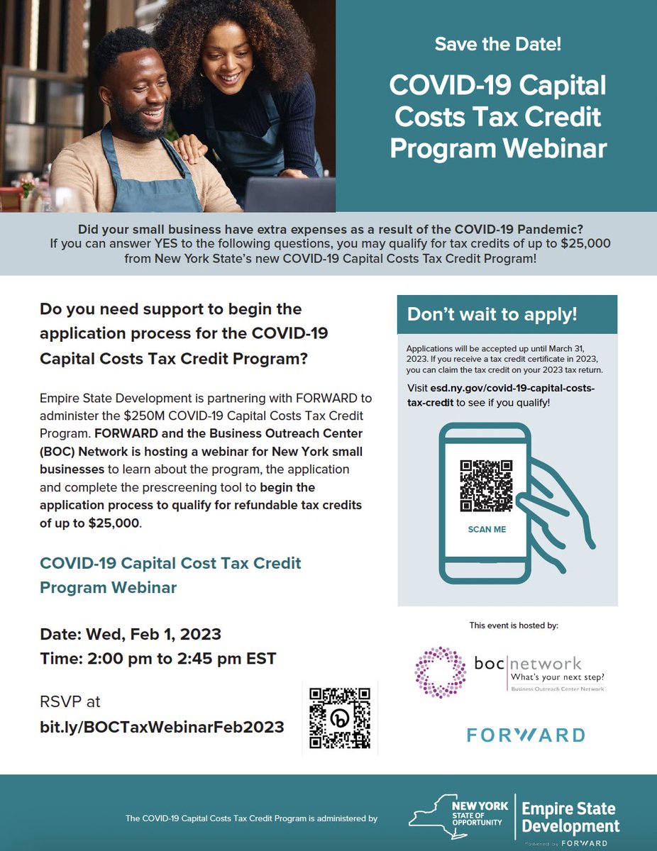 Calling all small businesses impacted by COVID-19! We are hosting a webinar about @EmpireStateDev's $250M Captial Costs Tax Credit Program with @BOCNetwork Wed, 2/1 from 2 pm to 2:45 pm ET. RSVP today to receive a tax credit of up to $25,000https://forms.gle/vD72rwp73mgdkAQo8