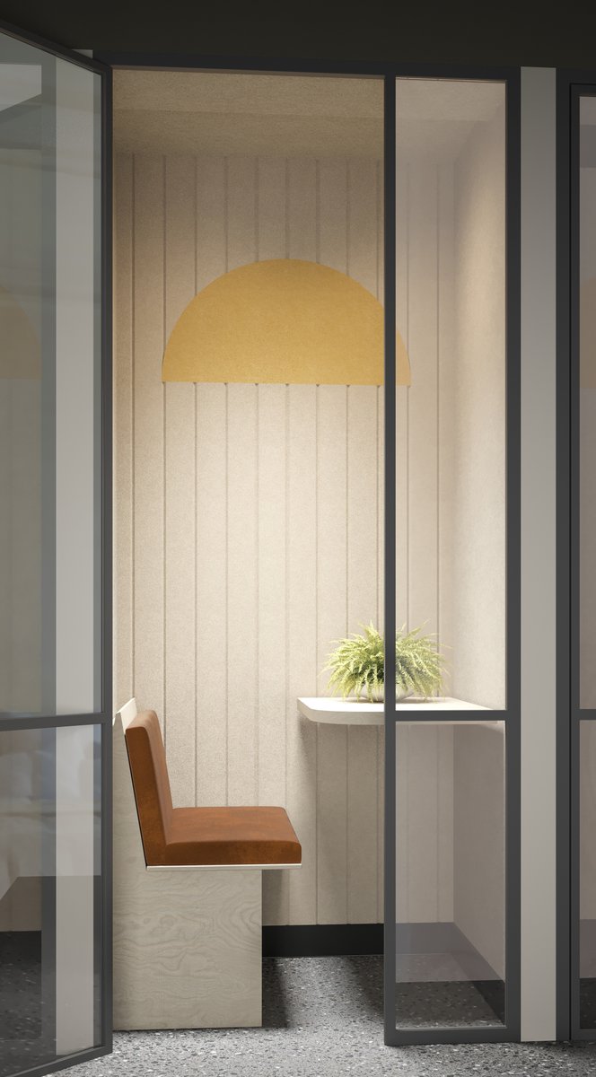 The Phase acoustic panel from the Archie Collection aids in sound absorption while adding a softness to this otherwise very hard environment. Showcasing that, acoustics are critical even in the smallest of spaces.
