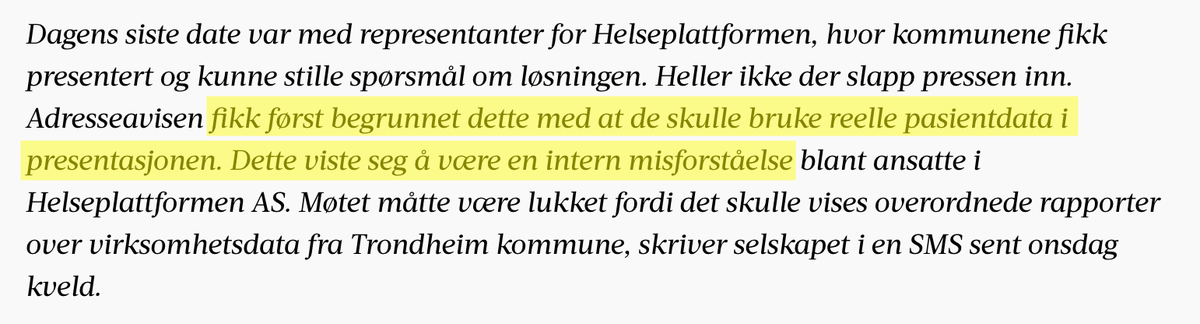 Misforståelse eller ikke:
1) Hvilke pasientdata?
2) Har #Helseplattformen AS virkelig tilgang til pasientdata?
3) Hvordan kunne ansatte i Helseplattformen AS tro at det er lov å bruke pasientdata i et kommersielt innsalgsmøte?

adressa.no/nyheter/tronde…

<a href="/CA_Dahl/">Carl Alfred Dahl</a> <a href="/adresseavisen/">Adresseavisen</a>
