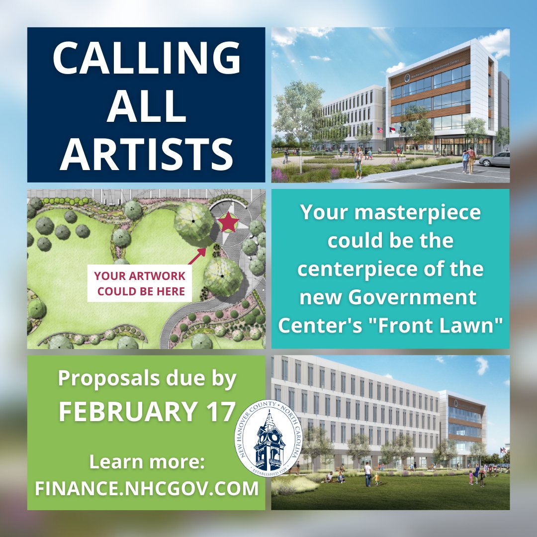 NewHanoverCo's tweet image. Calling all artists! #NHCgov is accepting submittals for an outdoor, large-scale, public art piece to be displayed at the new Government Center's "Front Lawn". The receipt of qualification (RFQ) deadline is Friday, Feb. 17.  See details &amp;amp; the formal RFQ: bit.ly/3wzPvJE