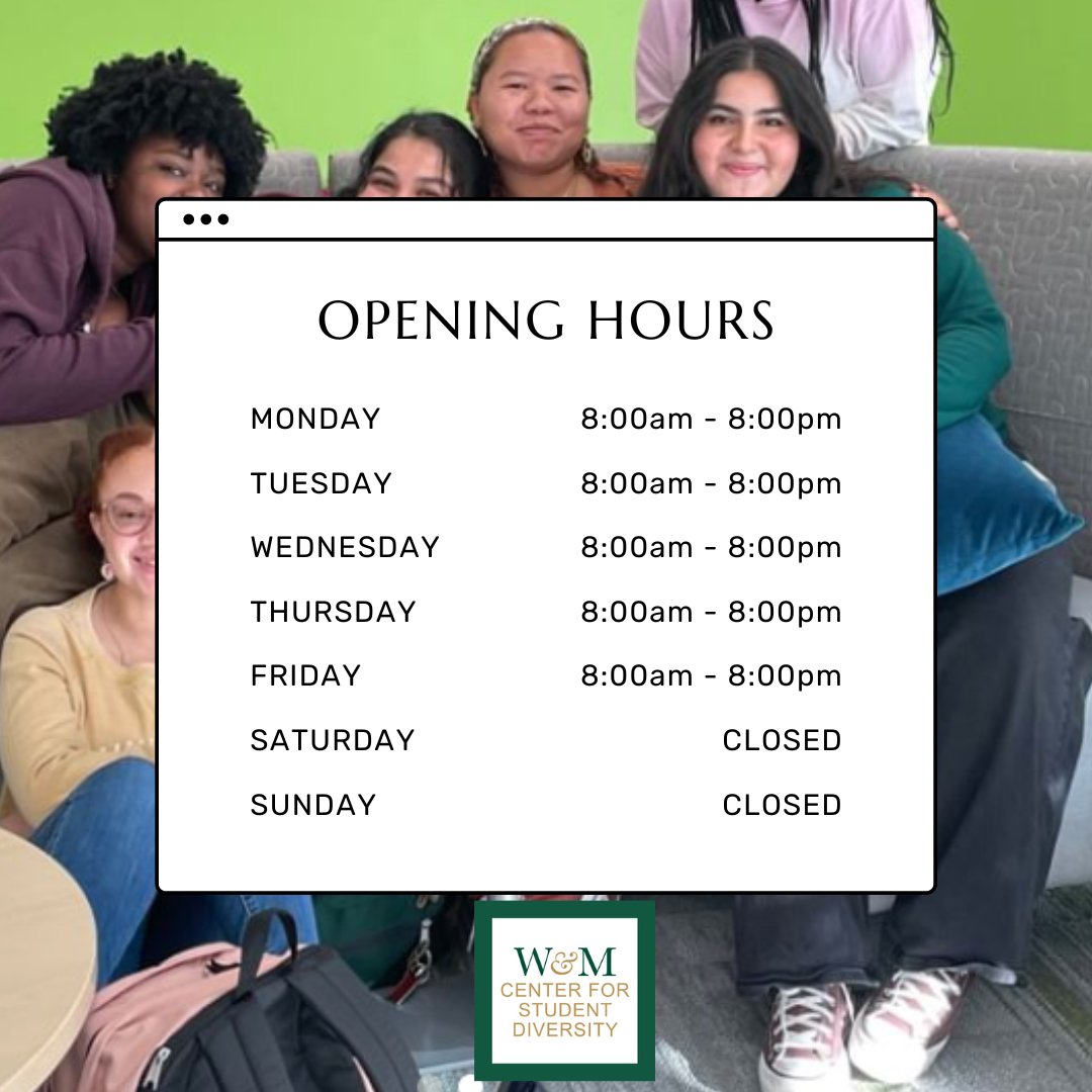 Starting January 30th, the Center for Student Diversity will be going back to normal business hours from 8 am until 8 pm. 

We will still be closed Saturdays and Sundays. 

We can't wait to see you all again.