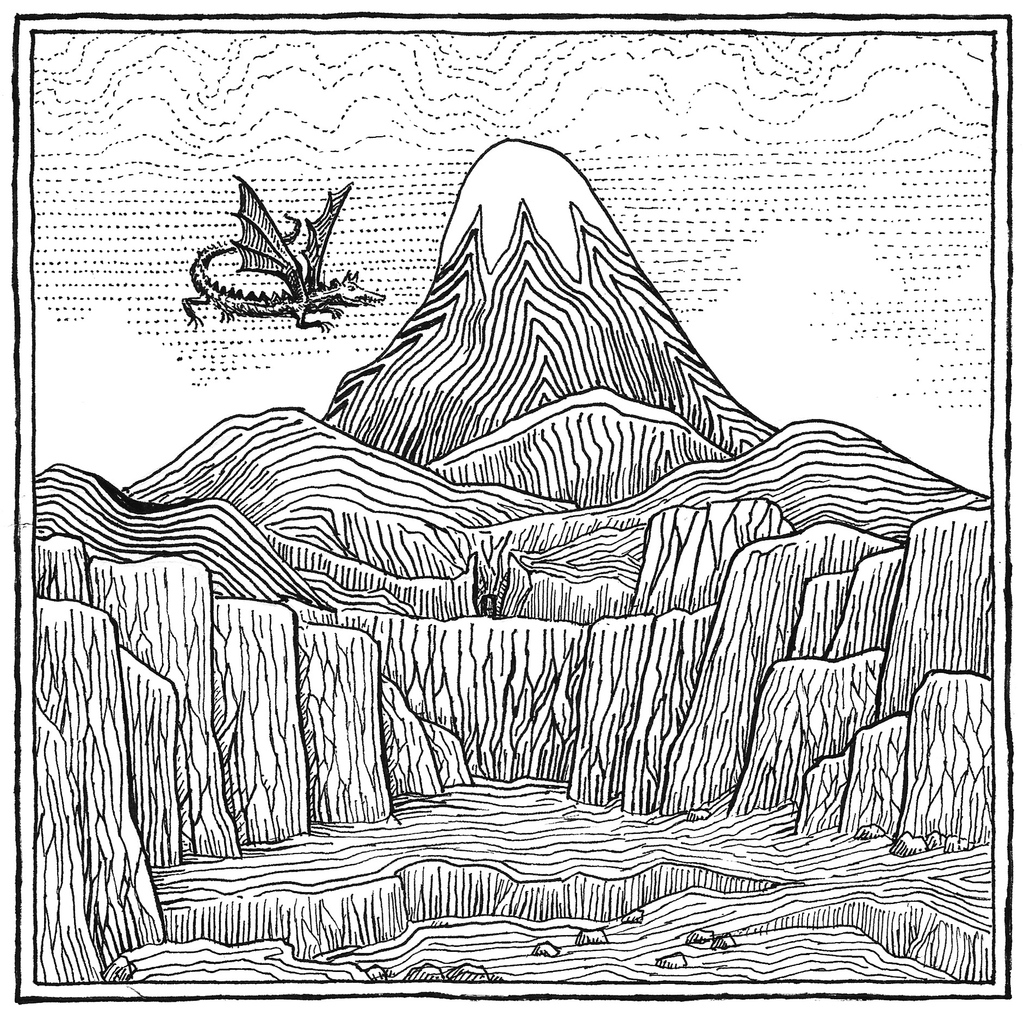 Smaug flying over the Lonely Mountain.🐉 Originally made for Inktober2019 prompt 'Dragon' and based on art of J. R. R. Tolkien himself.
But whereas Tolkien drew the Front Gate, my picture shows the western dale with the hidden door higher up.
Do you like this style? 🙂